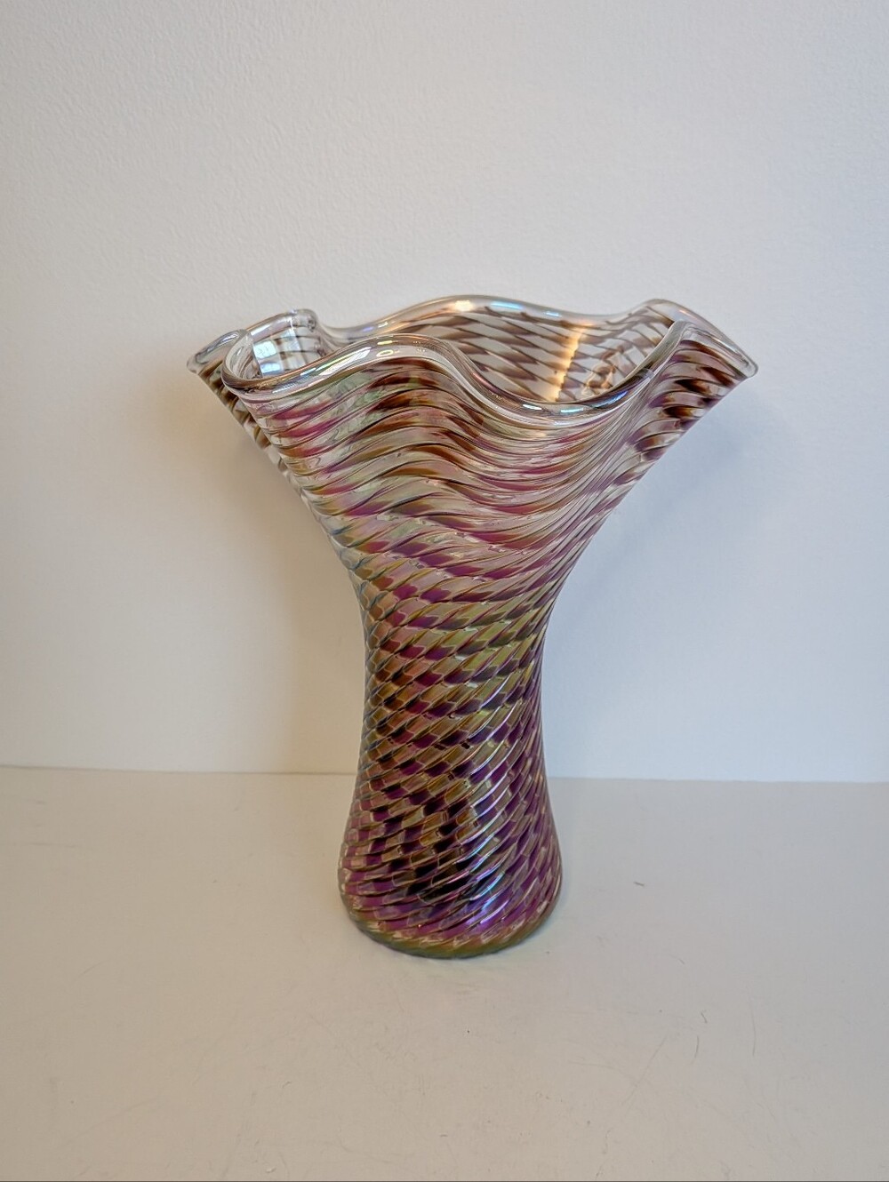 Vintage Iridescent Art Glass Vase Houndstooth Swirl Ruffled Rim Hand Blown